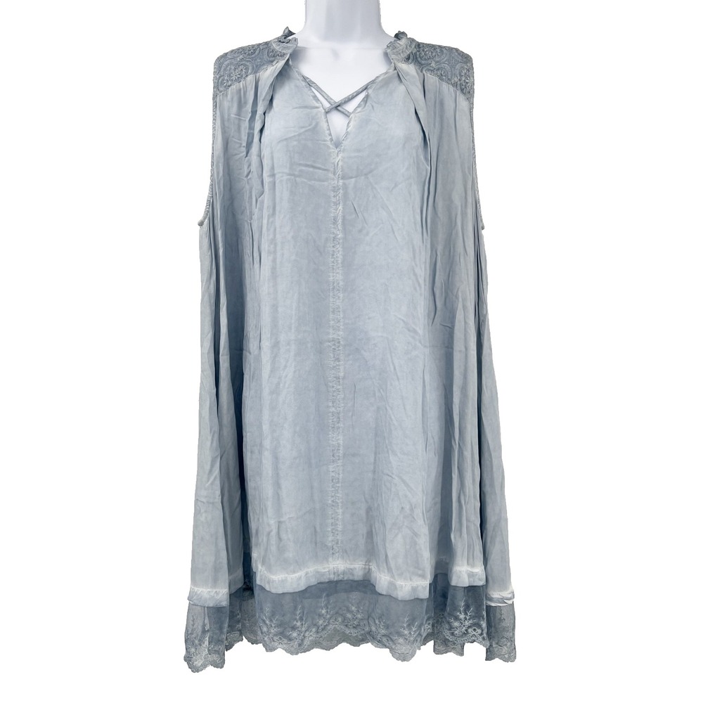 UMGEE Women's L Light Blue Sleeveless V-Neck Lace Hem/Shoulder Tunic Tent Dress